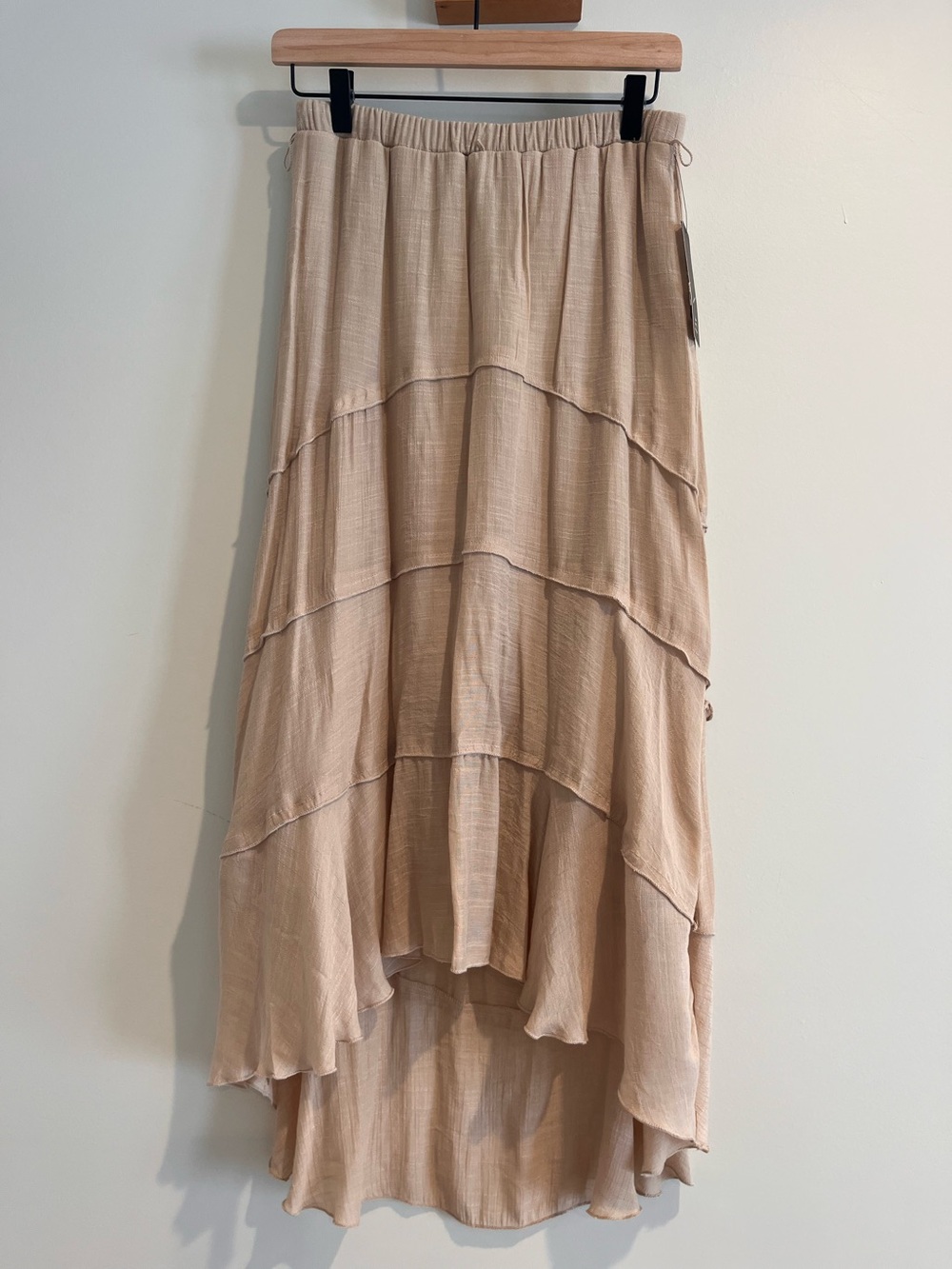 BCX Tan Beige Midi Tiered Skirt Gauze High Low Pull On Boho Medium